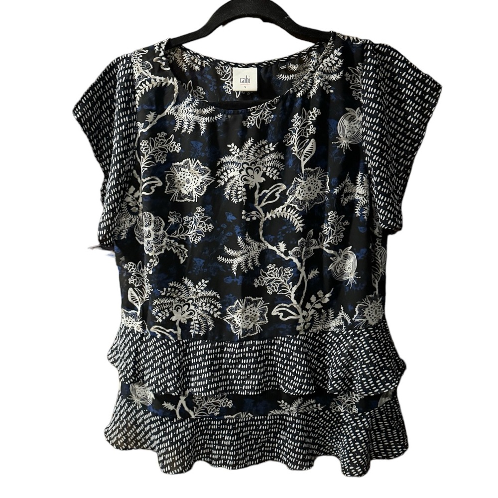 Cabi #5355 Top Floral Hybrid Semi Sheer Ruffle Lined S Small Navy Blue Shirt